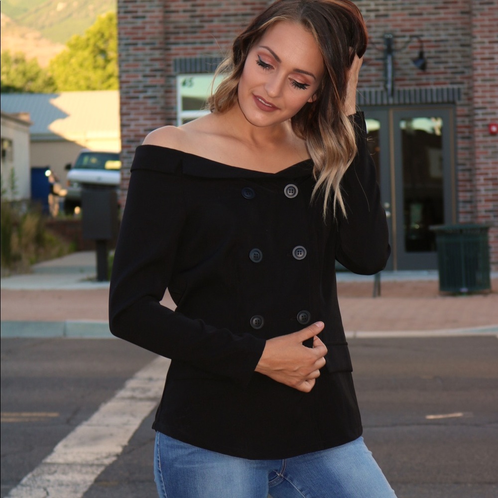 Black Tuxedo Off The Shoulder Shirt